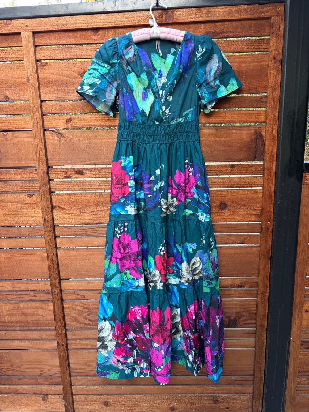 Anthropologie Floral Teal V-Neck Tiered Maxi Dress